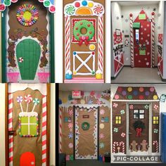 several pictures of decorated doors and windows in different colors, shapes and sizes with candy canes on them