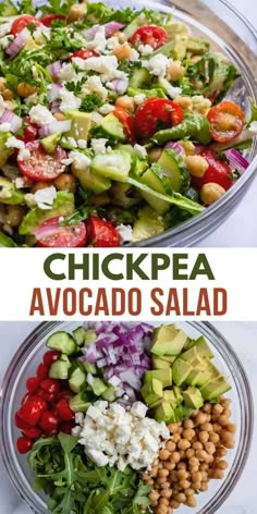 two bowls filled with different types of salads and the words chickpea avocado salad