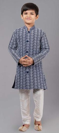 Blue color Boys Kurta Pyjama in Silk cotton fabric with Embroidered work Indigo Cotton Sets With Chikankari Embroidery, Blue Cotton Kurta With Block Print, Blue Cotton Kurta With Printed Motifs, Light Blue Cotton Kurta With Long Sleeves, Light Blue Long Sleeve Cotton Kurta, Light Blue Cotton Kurta With Chikankari Embroidery, Indigo Cotton Kurta For Festive Occasions, Traditional Blue Cotton Kurta, Indigo Cotton Sets For Eid