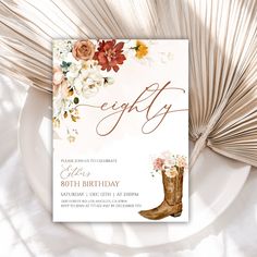 an image of a birthday party card with flowers on the front and cowboy boots on the back