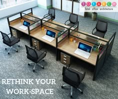 an office cubicle with desks, chairs and laptops on it that says rethik your work - space