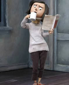 a cartoon character holding a newspaper and drinking coffee