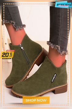 British Style Round Toe Comfortable Zip Low Heel Booties Green Round Toe Martin Boots For Winter, Green Winter Martin Boots With Round Toe, Green Ankle-high Martin Boots For Winter, Green Casual Martin Boots With Round Toe, Casual Green Martin Boots With Round Toe, Casual Green Ankle-high Martin Boots, Casual Green Martin Boots For Winter, Casual Winter Booties With Zipper Closure, Green Ankle Booties For Fall