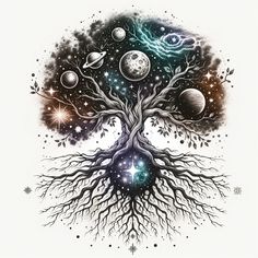 an artistic tree with planets and stars on it