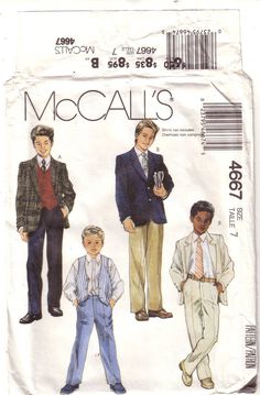 Sewing Pattern Company: McCalls  Pattern # M4667 Pattern sizes: boys size 7 chest 26 inches, waist 23 inches  Pattern description: boys suit jacket, vest and pants Boys Sewing Patterns, Vest And Pants, Boy Sewing, Jacket Vest, Mccalls Patterns, Hair Clothes, Vintage Sewing Patterns, Vintage Sewing