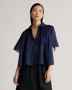 Cotton-Silk Voile Short Sleeve Blouse Modern Silk Blouse, Elegant Sheer Solid Color Top, Elegant Solid Color Sheer Top, Long Sleeve Silk Chiffon Tops For Summer, Long Sleeve Silk Chiffon Summer Top, Summer Long Sleeve Silk Chiffon Tops, Chic Sheer Silk Blouse, Summer Silk Blouse For Office, Summer Silk Office Blouse