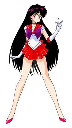 an anime character with long black hair wearing a red and white outfit, holding her hands out