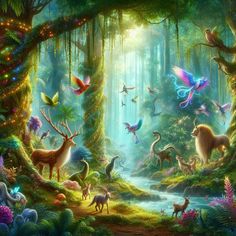 a painting of many different animals in the forest