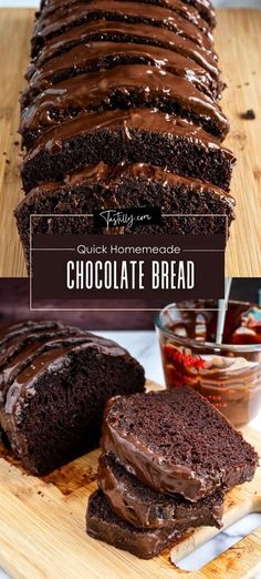 chocolate bread sliced and sitting on a cutting board with the text overlay that reads quick homemade chocolate bread