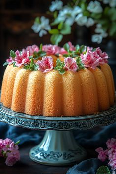 a bundt cake with pink flowers on top