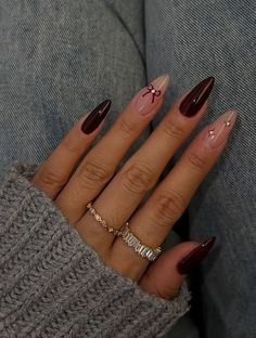 Elegant Nails Burgundy, Almond Shape Maroon Nails, Prom Nails For Burgundy Dress, Maroon Nails Prom, Almond Nail Length Chart, Plum Acrylic Nails Design, Plum Nail Ideas, Solid Color Nails For Fall, Cute Nails Solid Color