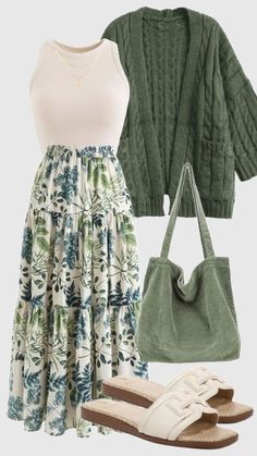 credit: kortney_carson Modern Modest Fashion Summer, Hot Summer Modest Outfits, Teacher Outfit Skirt, Modest Apparel For Women, Green Gray Outfit, Colorful Cottagecore Outfits, Boho Church Outfit, Outfits For Large Busted Women, Modest Boho Outfits