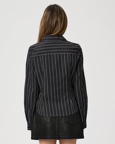 Made from supremely soft 100% cotton, this classic black and off-white striped long sleeve shirt is designed with a hook-and-eye closure and a flattering, fitted silhouette with a front notch. | Rosaly Shirt - Black/Buttercream | Size 14 Collared Pinstripe Top For Workwear, Fall Pinstripe Button-up Shirt, Pinstripe Long Sleeve Office Tops, Classic Black Shirt With Vertical Stripes, Long Sleeve Striped Blouse For Business Casual, Striped Long Sleeve Blouse For Business Casual, Classic Long Sleeve Pinstripe Tops, Classic Long Sleeve Tops With Vertical Stripes, Fall Pinstripe Long Sleeve Tops