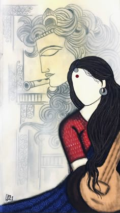 a drawing of a woman with long black hair holding a guitar in front of her face