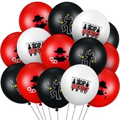 a bunch of balloons with the words rock and roll on them in black, red, white and grey colors