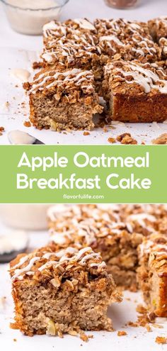 an apple oatmeal breakfast cake is cut into slices