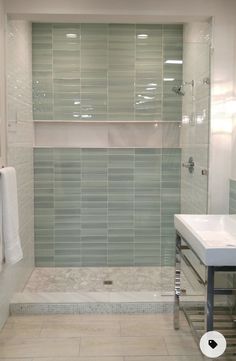 a bathroom with a walk in shower next to a sink