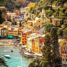 an aerial view of boats in the water and buildings on the hillside behind them,