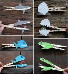 several pictures of different types of toothbrushes with shark and fish cut out of them