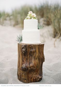 a white wedding cake sitting on top of a tree stump in the sand at the beach