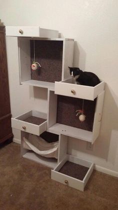 a cat sitting on top of a white shelf next to a wooden cabinet with drawers