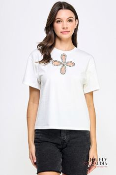 Daisy Embellished Tee | Uniquely Claudia Boutique Casual Rhinestone T-shirt For Summer, Casual Summer T-shirt With Rhinestones, Casual Embellished T-shirt, Summer Rhinestone Short Sleeve Tops, Summer Short Sleeve Tops With Rhinestones, White Embellished Crew Neck Top, White Embellished Crew Neck T-shirt, Trendy Short Sleeve Top With Rhinestones, Elegant Cotton T-shirt For Spring