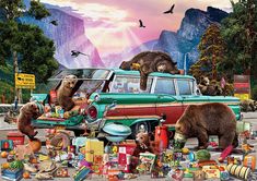 two bears are standing in front of a car with many items on the ground around it