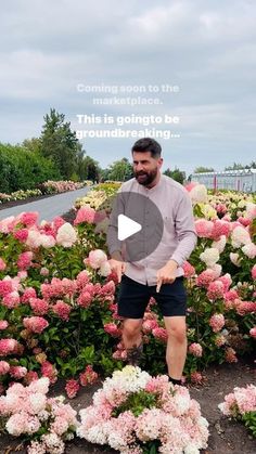 a man standing in front of pink and white flowers