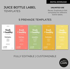 the juice bottle label template is shown in four different colors