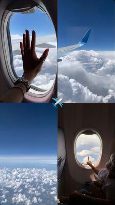 the view from an airplane window shows clouds and blue sky as well as hands reaching out