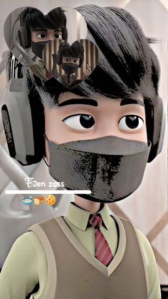 an animated man wearing headphones and a neck tie with his face covered by a mask