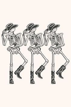 three skeletons wearing hats and holding hands together