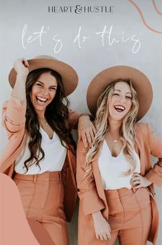 two women in matching outfits and hats posing for the camera with their arms around each other