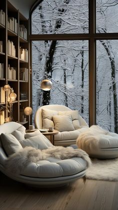 a living room filled with furniture next to a large window covered in frosted trees