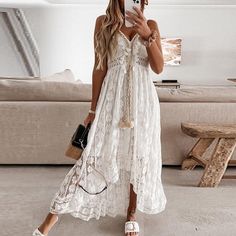 Our Eileen Boho Maxi Dress is such a flirty fun empire waist Midi dress with swinging tassels and an A-line silhouette. A good day-to-night casual option. Bohemian Dresses Long, Boho Chique, Boho Dresses Long, 파티 드레스, Cami Maxi Dress, Summer Lace, Lace Slip Dress, Solid Color Dress, Maxi Robes