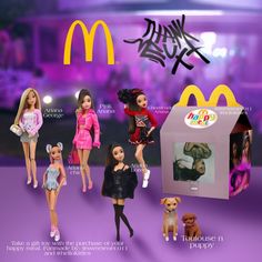 barbie dolls are posed in front of mcdonald's new year's eve package