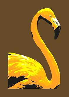 a painting of a yellow flamingo on a brown background with the letter s in it's center