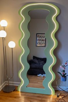 LED light mirror. Sage green decor. Funky retro living room. Wavy mirror. Cozy Funky Bedroom, Apartment Aesthetic Led, Groovy Mirror, Weird Mirror, House Decor Colorful, Bedroom Ideas Eclectic, Funky Apartment Decor, Bedroom Funky, Pastel Room Aesthetic