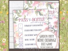 two cards with flowers on them and the words pass - to bottle game next to each other