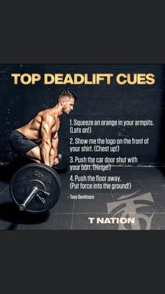 a man squats with the words top deadlift cues in front of his chest