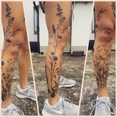 the legs are decorated with flowers and leaves, while the lower leg is covered in black ink