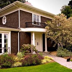 a black cat sitting on the grass in front of a brown house with white trim