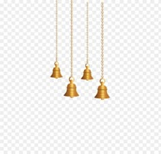 three golden bells hanging from chains on a white background