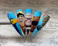 Disney Pixar nail art. Hand painted gel nails Up Disney Nails, Disney Up Nails Art, Pixar Up Nails, Inside Out 2 Inspired Nails, Up Nails Disney, Nail Box, Pixar Nail Designs, Cartoon Character Nail Art