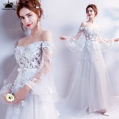 Spring Wedding Dress With Sweep Train, White Gown For Debutante Ball In Spring, Floor-length Wedding Dress For Ceremony, Spring White Gown For Banquet, White Spring Banquet Gown, Spring White Banquet Gown, Spring Wedding Ball Gown, Spring Wedding Floor-length Ball Gown, Long Sleeve Lace Wedding Dress For Banquet