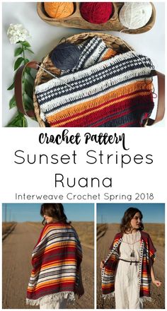 the crochet pattern for sunset stripes is shown in three different pictures, including one with