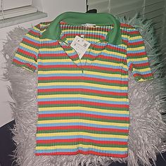 Nwt Zara Stretch Ribbed Rainbow Knit Collared Short Sleeve Polo Shirt Size Small Bust 12" Length 19.5" Green Short Sleeve Top With Ribbed Collar, Green Top With Ribbed Collar And Short Sleeves, Green Tops With Ribbed Collar And Short Sleeves, Retro Striped Ribbed Tops, Retro Ribbed Striped Tops, Yellow Spring Top With Ribbed Collar, Spring Green Top With Ribbed Collar, Casual Multicolor Stretch Shirt, Casual Stretch Multicolor Shirt