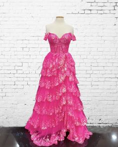 Long Hot Pink Dress, Hot Pink Grad Dresses, Hot Pink Ball Gown Prom Dresses, Hot Pink Lace Dress Long, Hot Pink Fluffy Prom Dress, Pink Lace Prom Dress, Hot Pink Ballgown, Prom Dress Off The Shoulder, Hot Pink Prom Dresses