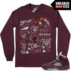 "Burgundy 5s Jordan matching shirt by Sneaker Match Tees brand. Official Sneaker Match Tees shirt designed to match the Jordan 5 \"Burgundy\" retro sneakers. *Sneakers are for matching purposes only, NOT included in the sale* True to size Men's shirt 100% Soft Cotton Regular Fit" Throwback Long Sleeve T-shirt For Streetwear, Throwback Graphic Print T-shirt For Fall, Throwback Long Sleeve Letter Print T-shirt, Throwback Long Sleeve Top With Screen Print, Throwback Long Sleeve Top With Graphic Print, Burgundy 5s, Sneaker Match Tees, Sneaker Tee, Lucky Green