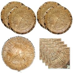 four pieces of wood are arranged on top of each other, with different patterns and sizes